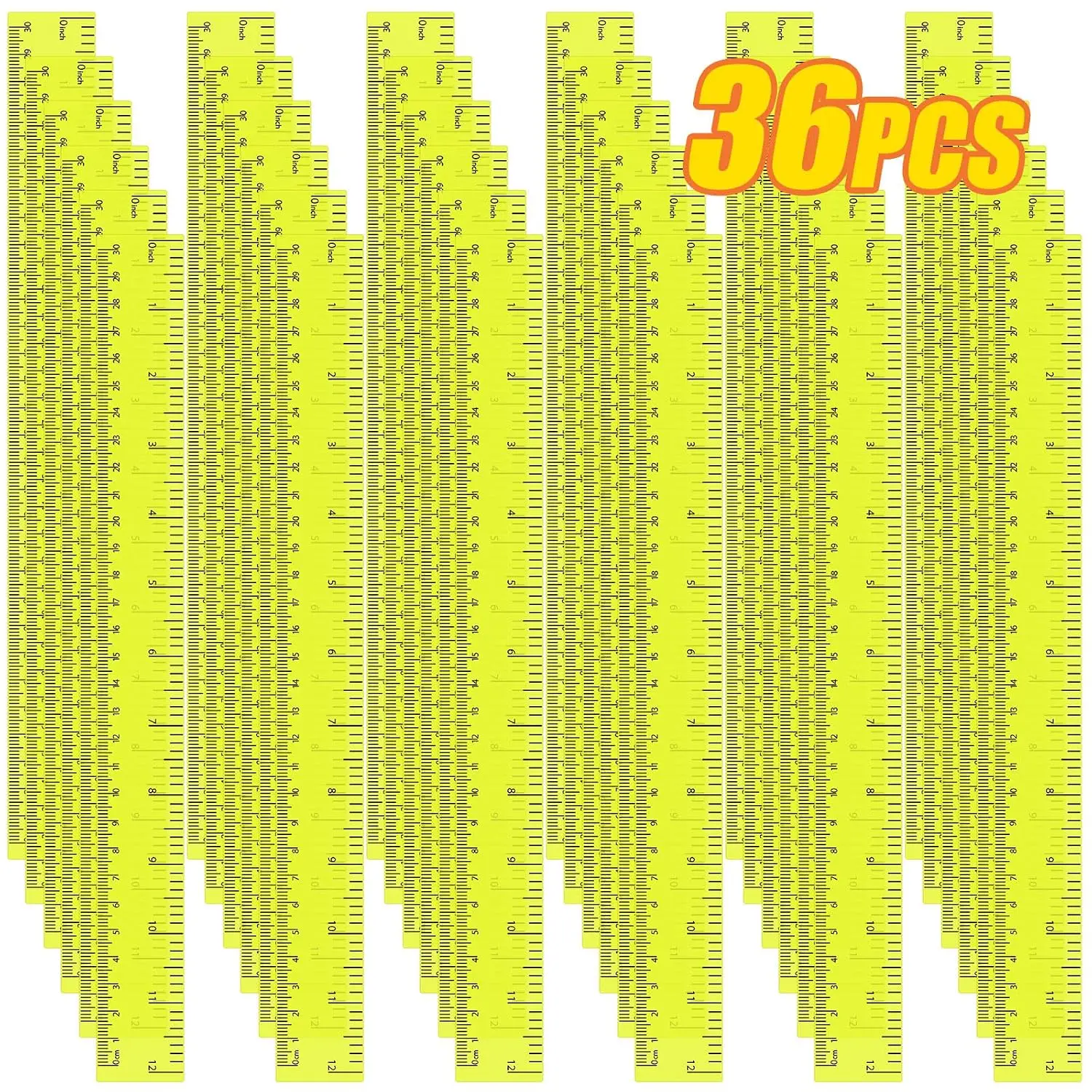 36 Pack 12 Inch Clear Yellow Plastic Rulers Bulk, Transparent Metric Rulers with Centimeters and Inches, Straight Measuring Rulers for  to School,  Classroom School Office  Supplies