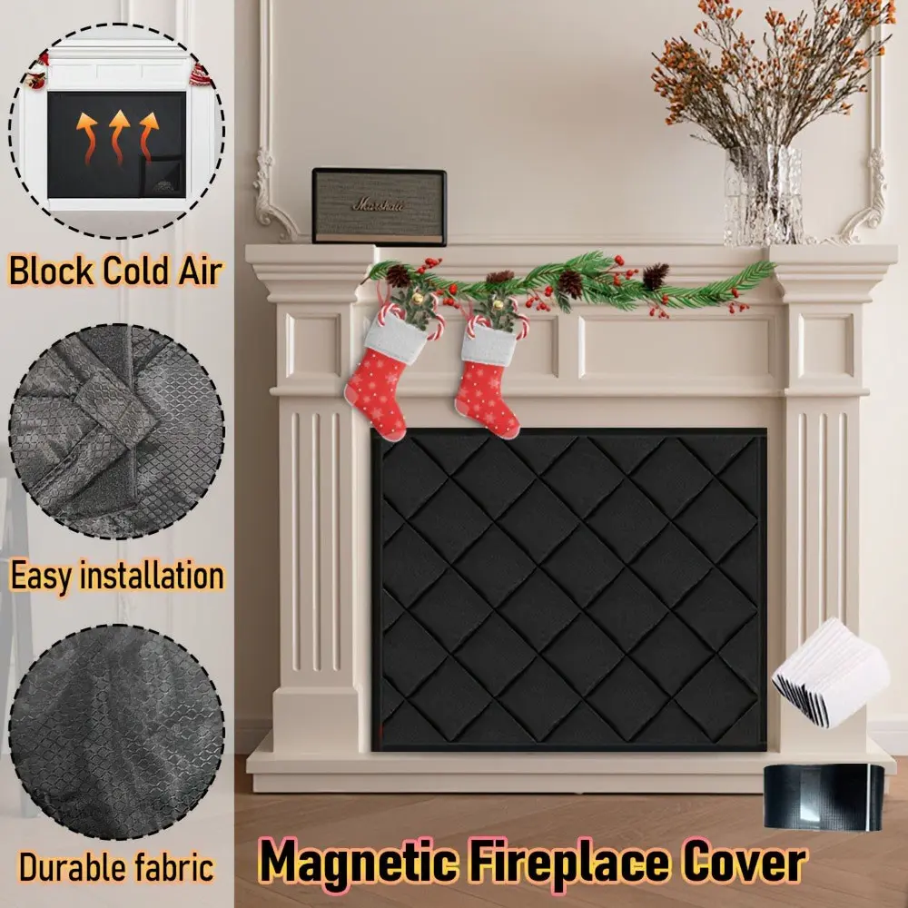 Magnetic Fireplace Screen, Thick Quilted Insulation Pad, Cold Air Barrier, Durable Fabric, Easy Installation, Home Use