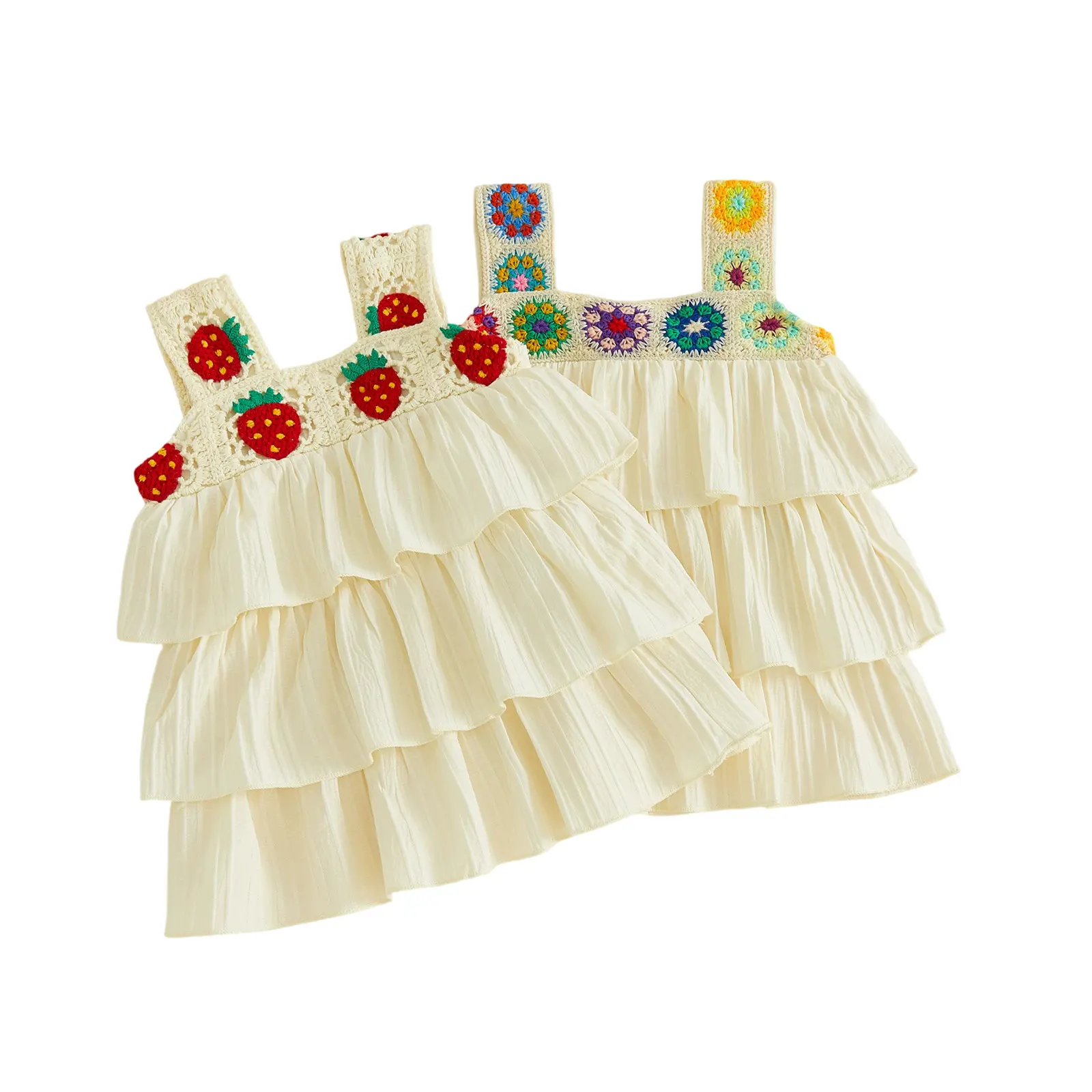 Toddler Baby Little Girls Tank Dress Crochet Flower/Strawberry Sleeveless Tiered Ruffle Cake Dress 6M-4T