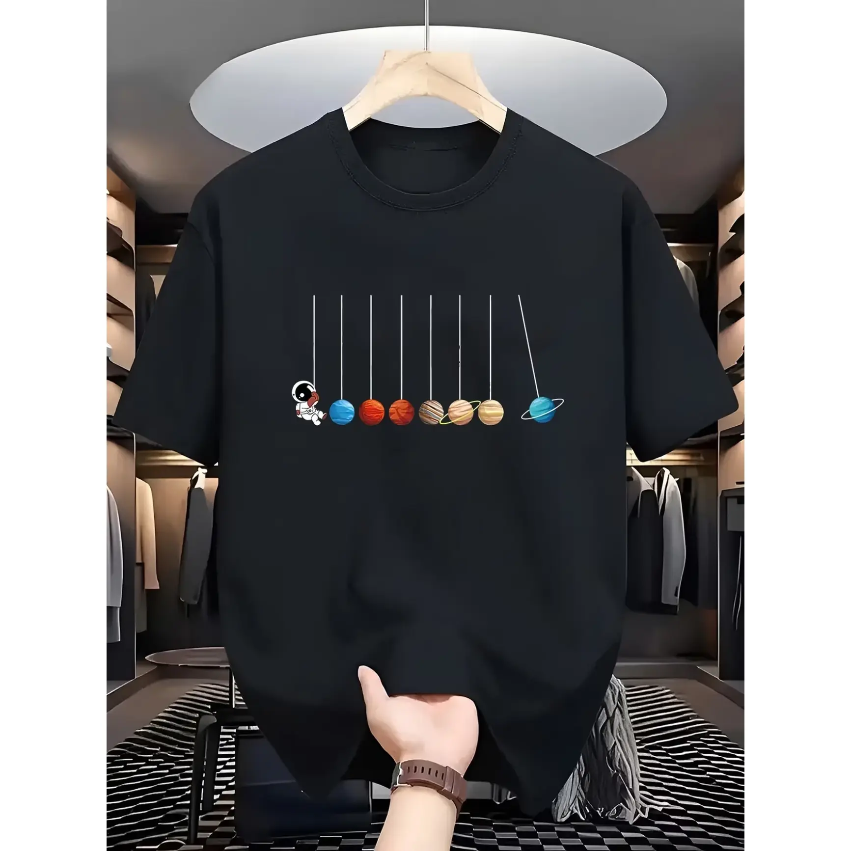 Men's Oversized Short-Sleeve Cotton T-Shirt - Astronaut Planet Swing Graphic, Space Galaxy Casual Top, Cute Universe Fashion, Summer Vibes, Valentine Gift for Space Fans, Tops, Shortsleeve