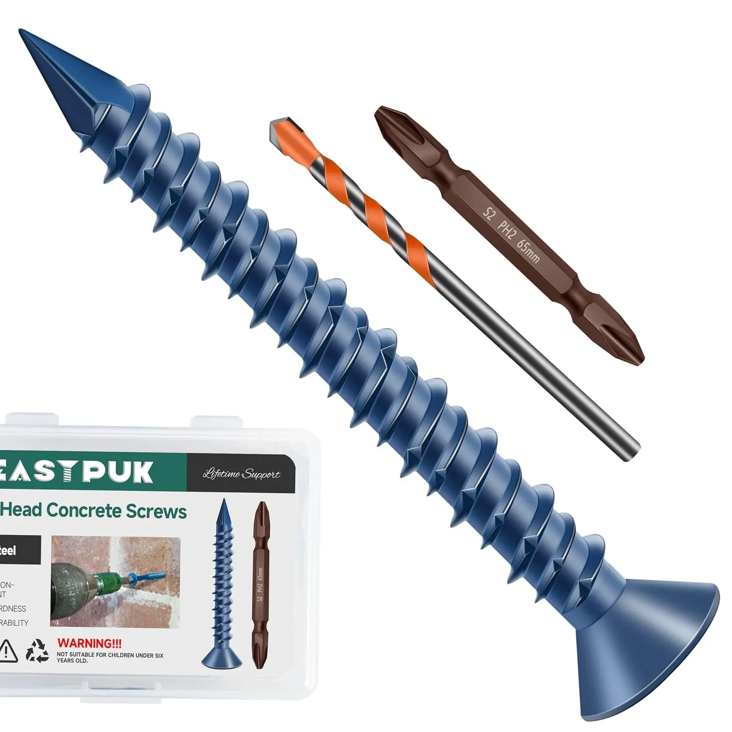 30 count 3/16 x /4" Concrete Screws Anchors with Drill Bit, Flat  Concrete Masonry Screws for Masonry, Block, Brick Stucco, Blue Coated Cement Screw