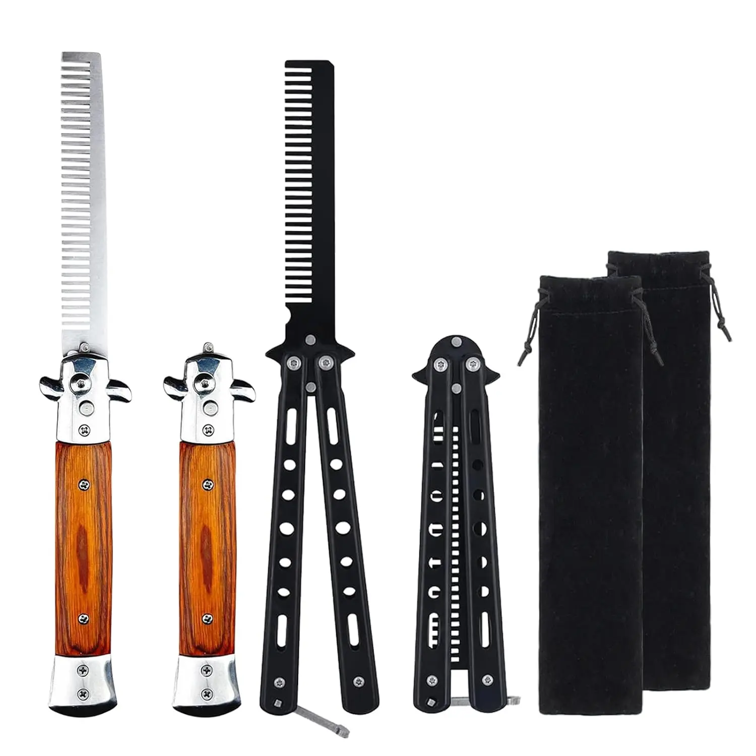 2 Pack Switch Folding Practice Combs, Stainless Butterfly Comb, Switchblades Comb, Training Combs, Hair Brush for Beard, Mustache, Hair Styling(Black&Brown)