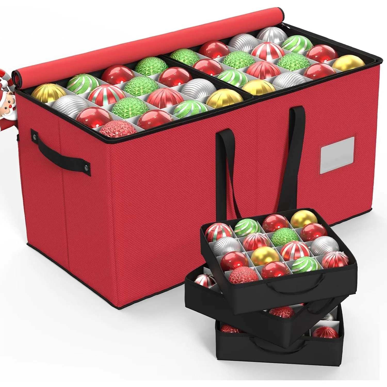 Red Christmas Ornament Large Capacity Bag with 8 Adjustable Trays - Stores Up to 128 Holiday Ornaments, Side Pocket, Adjustable Dividers, Card Slot, Tear-Proof Fabric (Preserving Container for Holiday Storage)