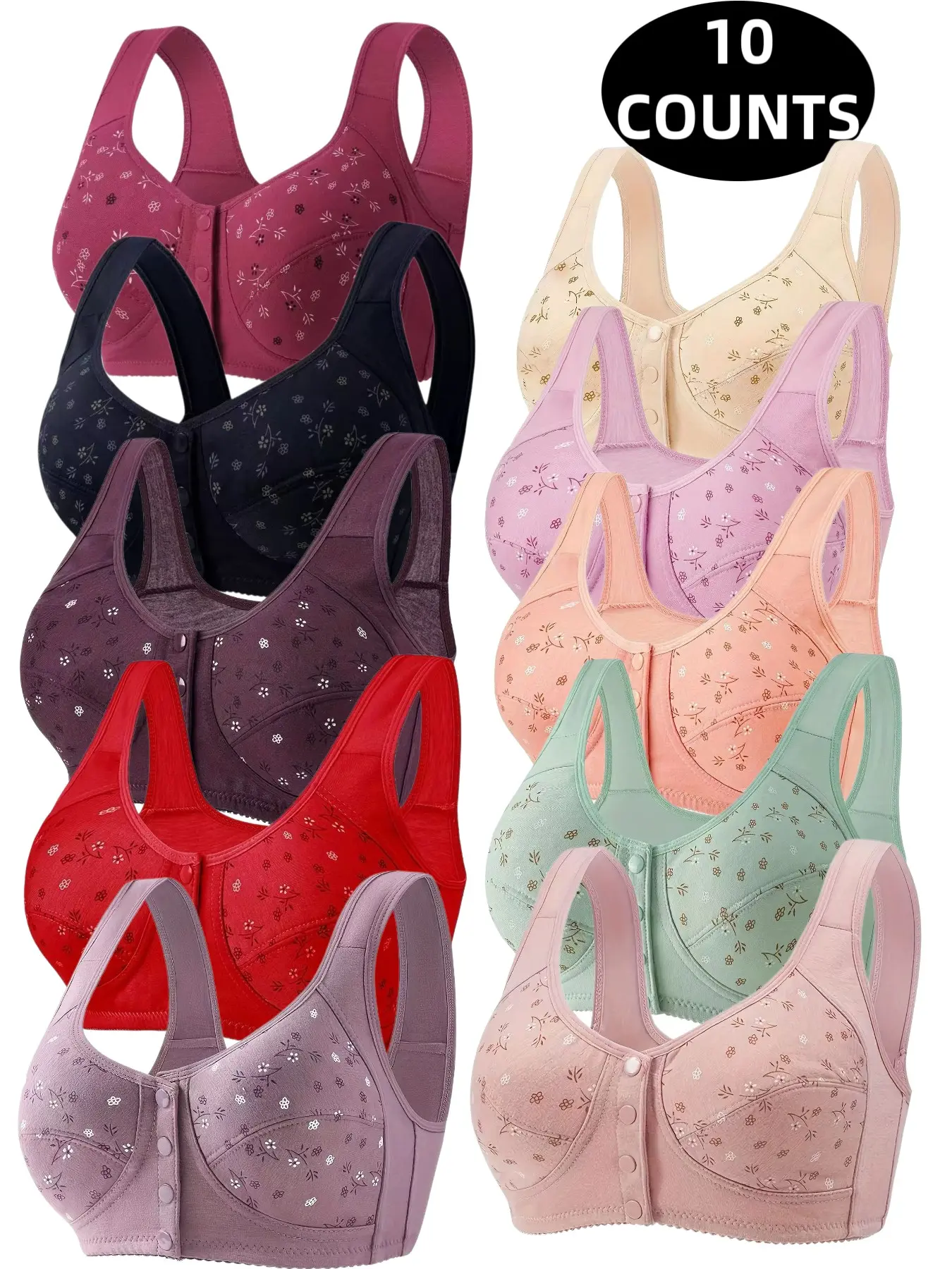 10-Pack Lightweight Floral Wireless Bras, Everyday Comfortable Breathable Push-Up Underwire-Free, Elderly-Friendly Front Buckle Design, All-Season Wear