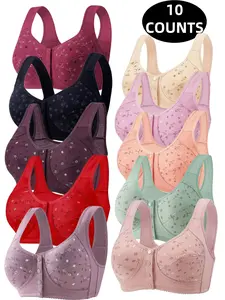 10-Pack Lightweight Floral Wireless Bras, Comfortable Breathable Push-Up Underwire-Free, Elderly-Friendly Front Buckle Design, All-Season Wear