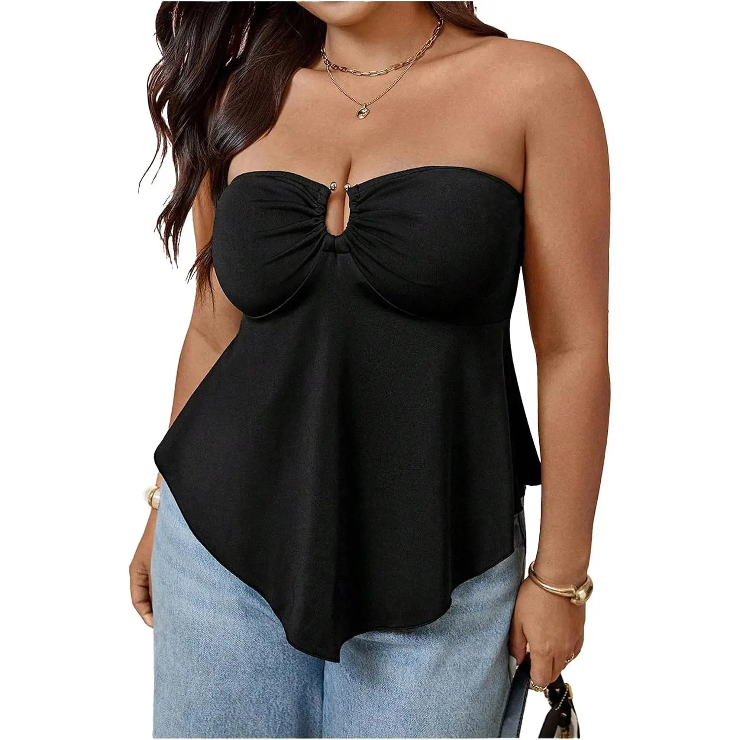 Women's Plus Size Strapless Peplum Tube Top - Ring-Linked, Sleeveless, Ruffled, Chic, Asymmetrical Evening Top with Premium Fabric (Pair with Skinny Jeans)