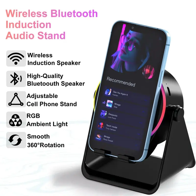 4 IN 1 Wireless Induction Audio Bluetooth Speaker, 360° Rotation Stand with LED, Universal Speaker Stands for Surround Sound&Charger,Portable Desktop Stand Gift  for Home, Shower, Outdoors, Travel