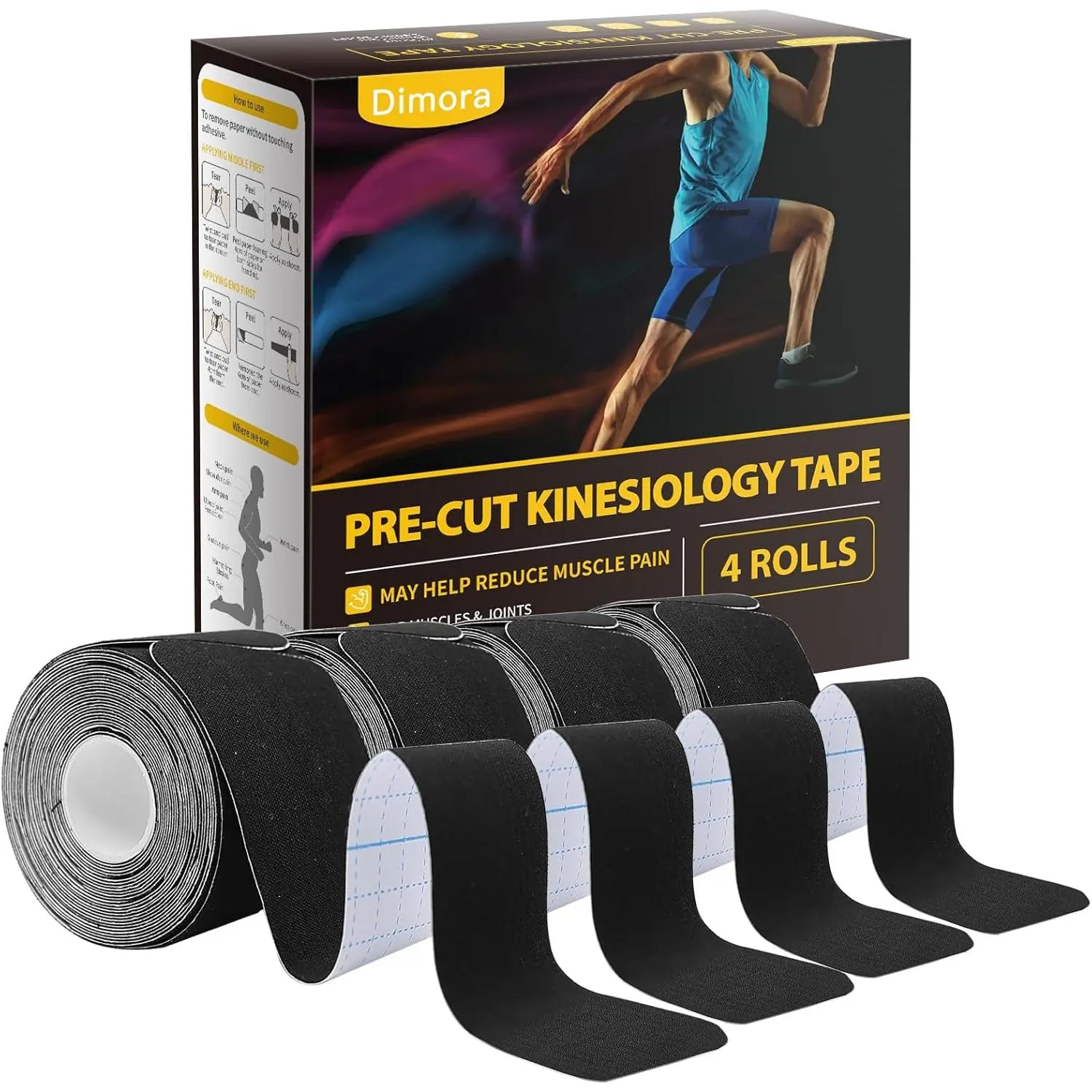 Dimora Kinesiology Tape, 4 Rolls of 80 Precut Cotton Base Strips, 10in Elasticity Supportive Athletic Tape for Muscle Pain Relief, Black, Sporty Protective Gear