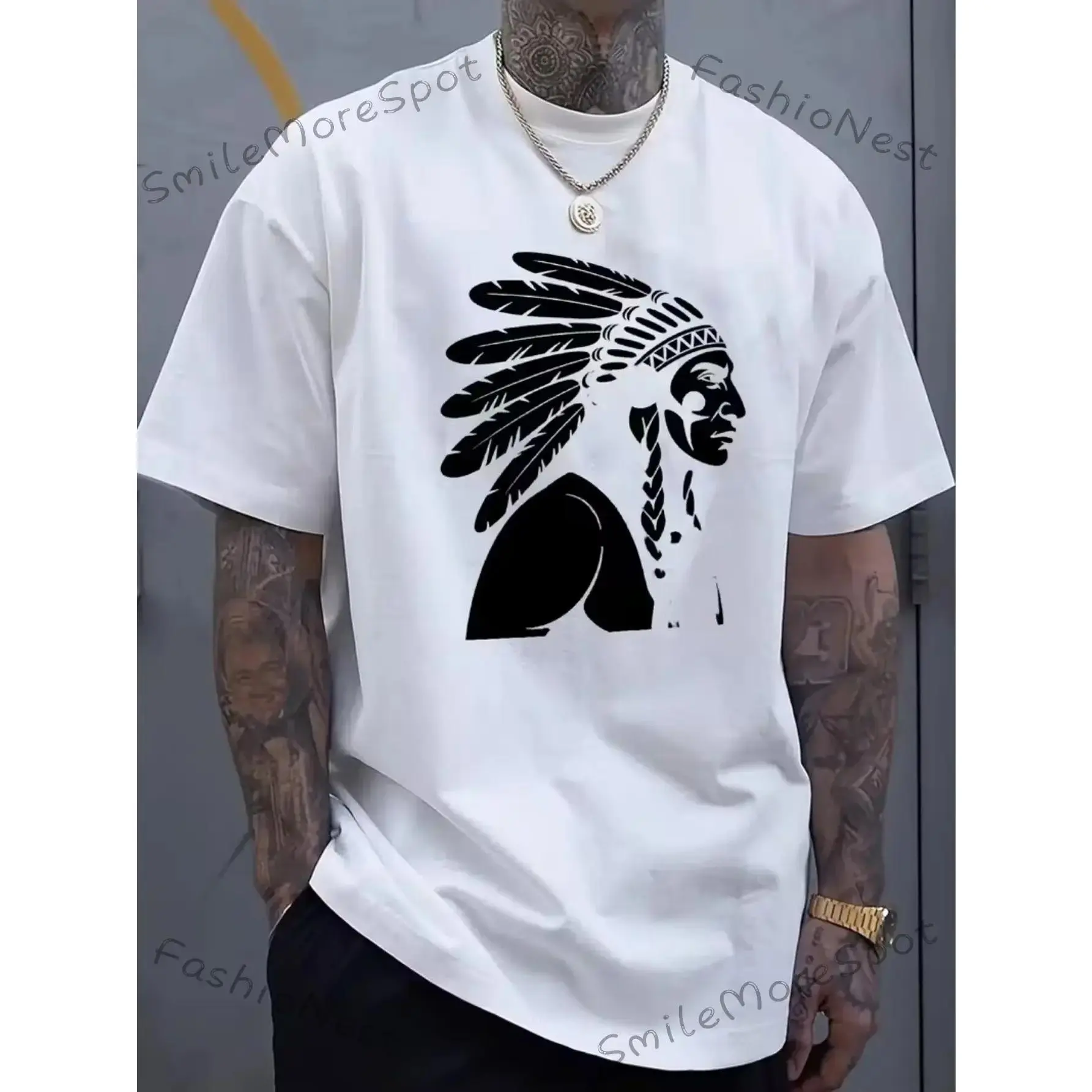 Men's Black T-Shirt with Native American Headpiece Print - Casual Crew Neck Short Sleeve Regular Fit Summer Essential for Casual Attire Everyday Tshirt|     Native American Graphic