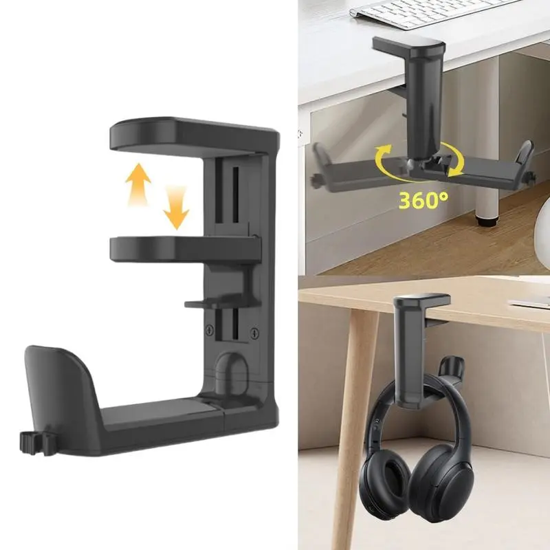 Black 360° Rotating Desk Headphone Stand - Gaming Accessory, PC Headset Holder, Angle-Adjustable Clamp-On Under Desk Hanger Mount Hook With Cable Clip Organizer, Multi-Functional Clamping Storage Bracket