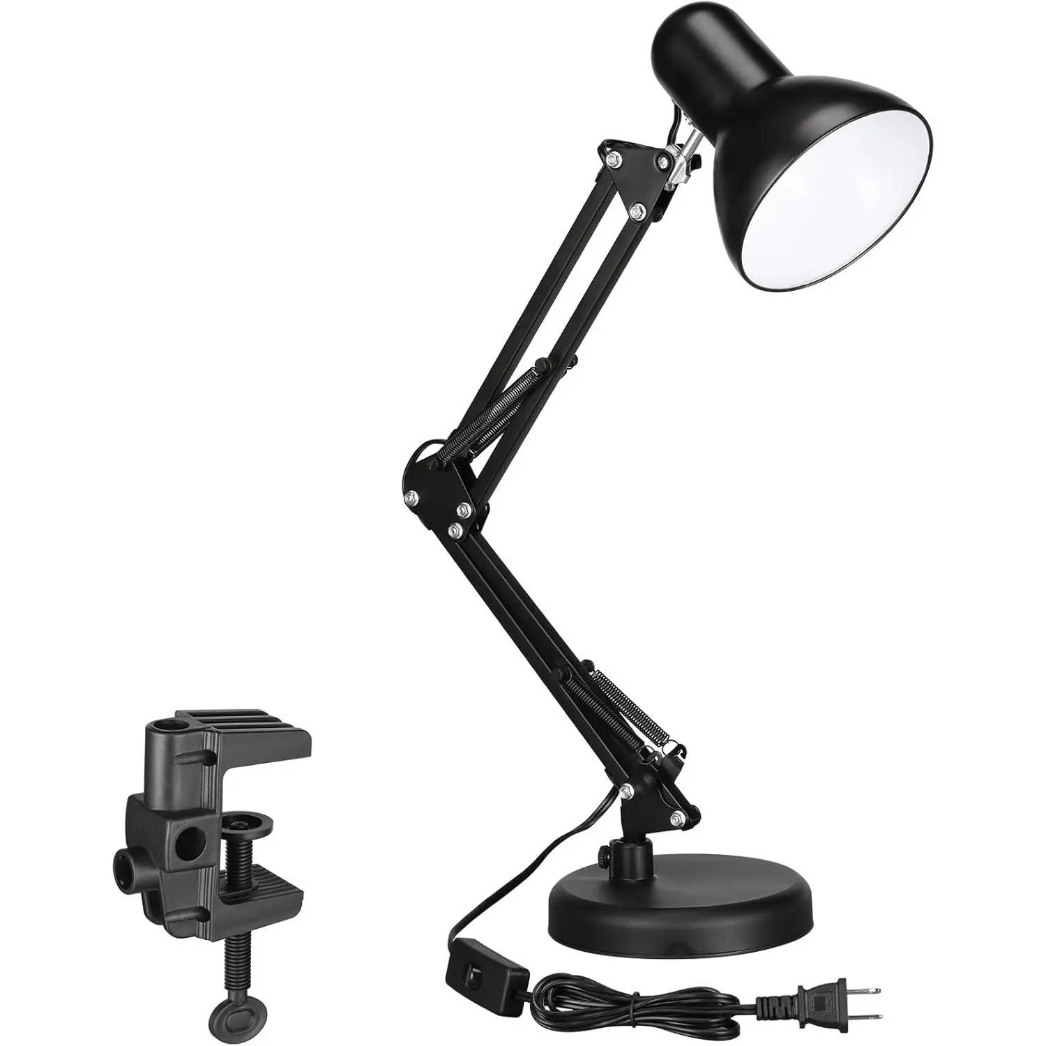 Black Solid Metal Clamping Desk Lamp - Home Decor Lighting, Multi-Jointed Swing Arm, E26 Base, Adjustable Gooseneck Clip Light for Home Office Indoor Use