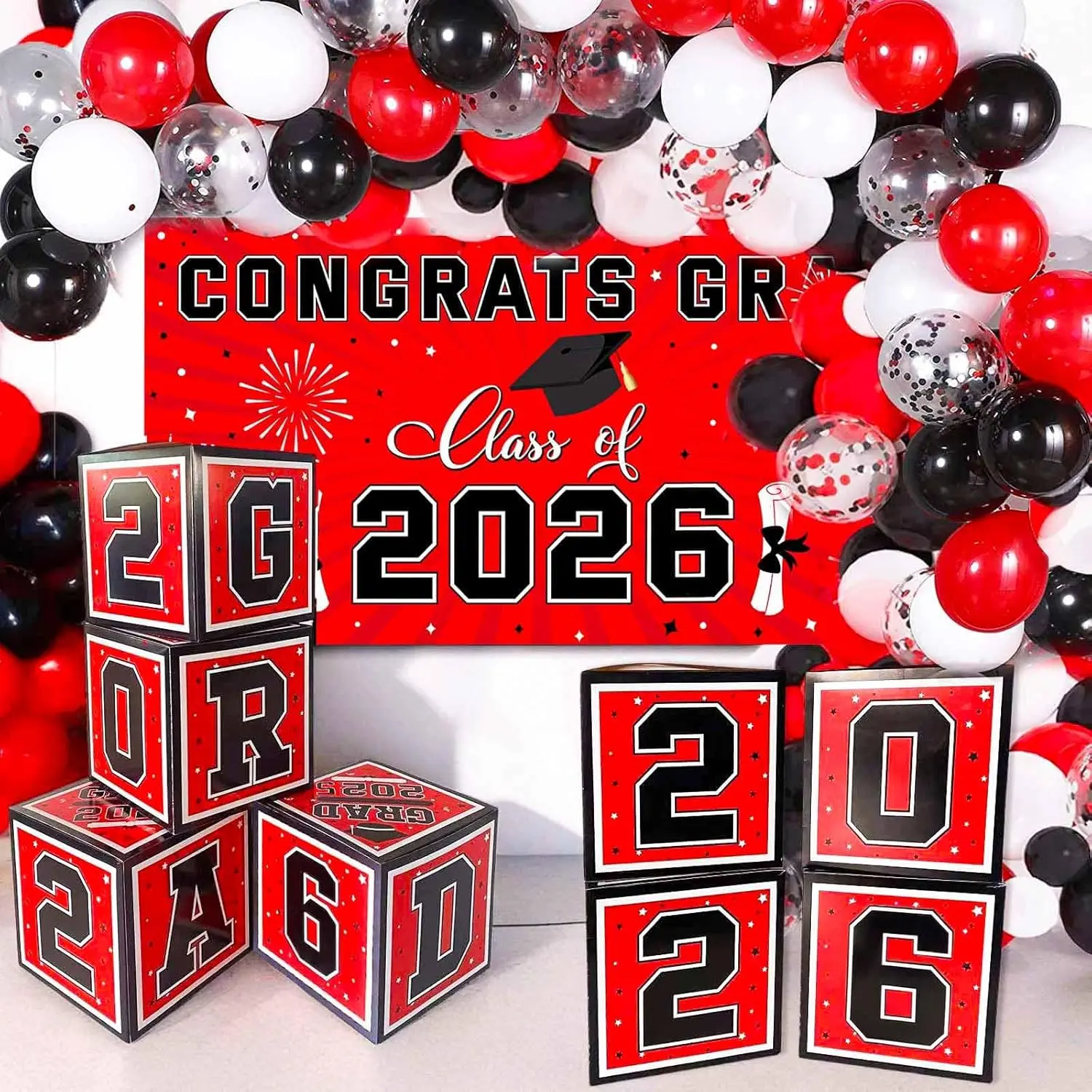 2026 Graduation Decorations Set - Black Red White Balloon Boxes, Class of 2026 GRAD Letters, Balloon Garland Kit, Congrats Grad Banner Photo Backdrop for High School, Outdoors, Party, Decorating, Foldable, Latex, Ceremony