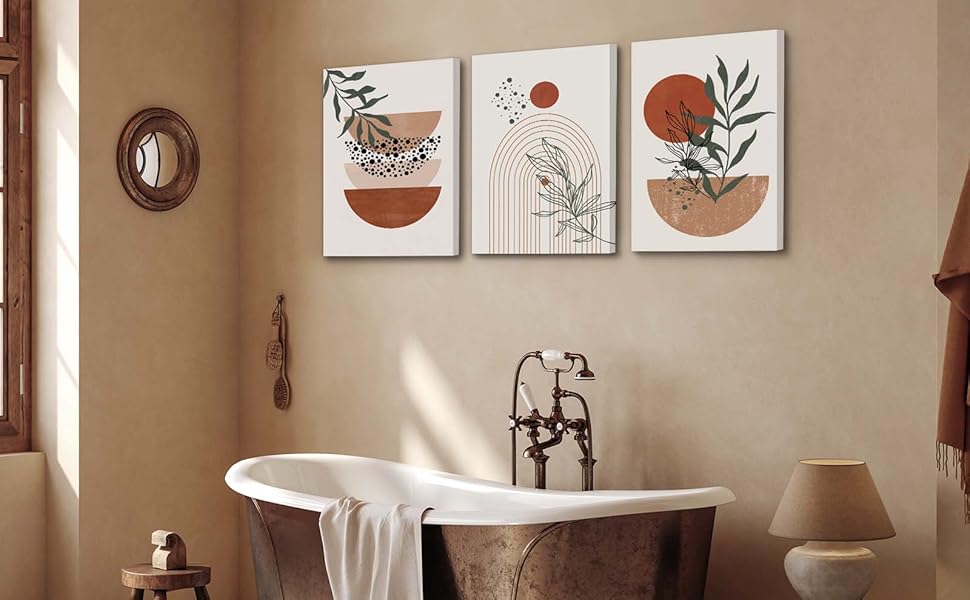 Wall Art Prints, Boho Wall Decor, Abstract Geometric Prints Black Beige Terracotta Minimalist Art, Natural Framed Canvas Prints Artwork For Living Room Bathroom Bedroom Wall Decor