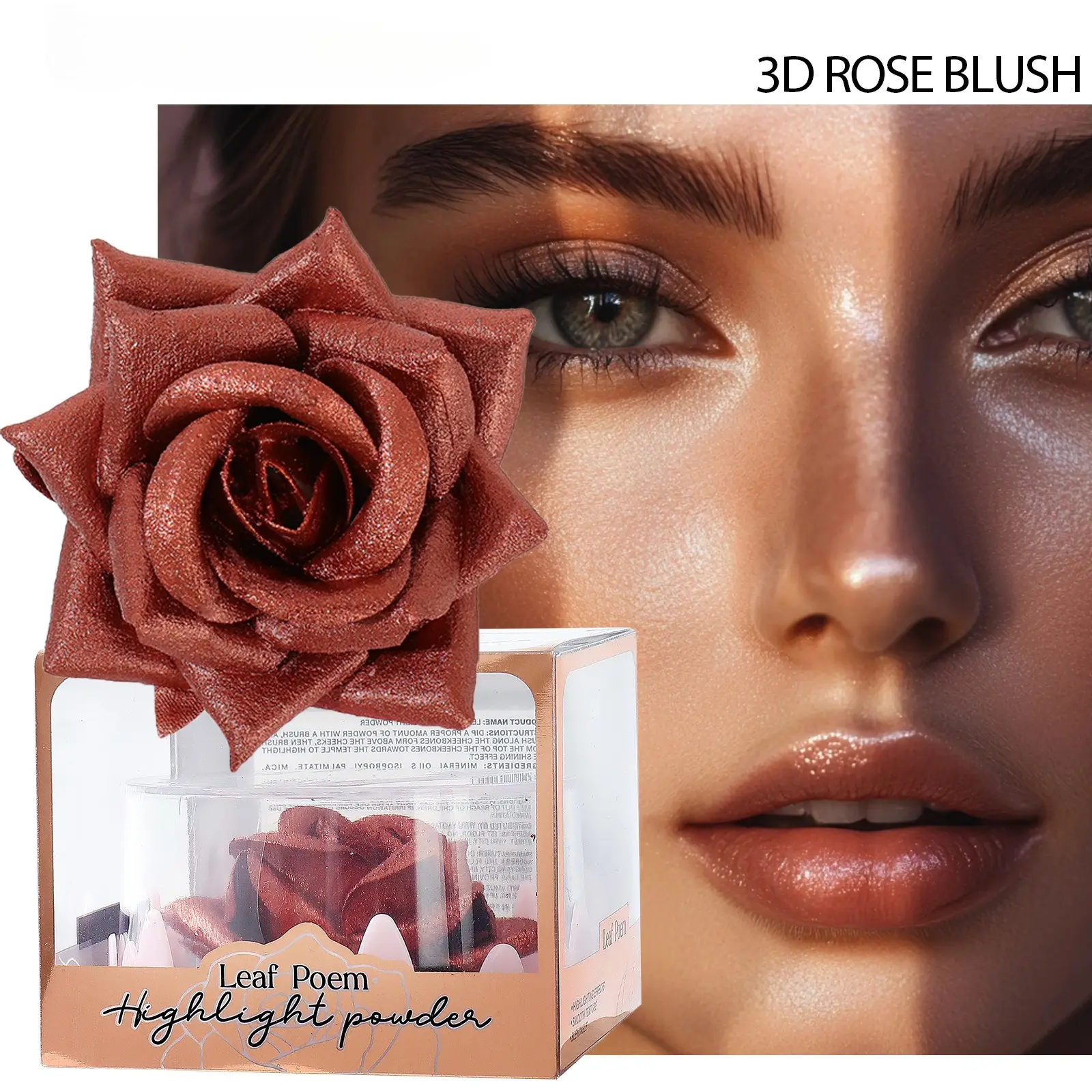 3D Rose Flower Alcohol-Free Highlighter Blush - Shimmer Glow Powder for Glass Skin Makeup, Ideal Gift for Makeup Enthusiasts