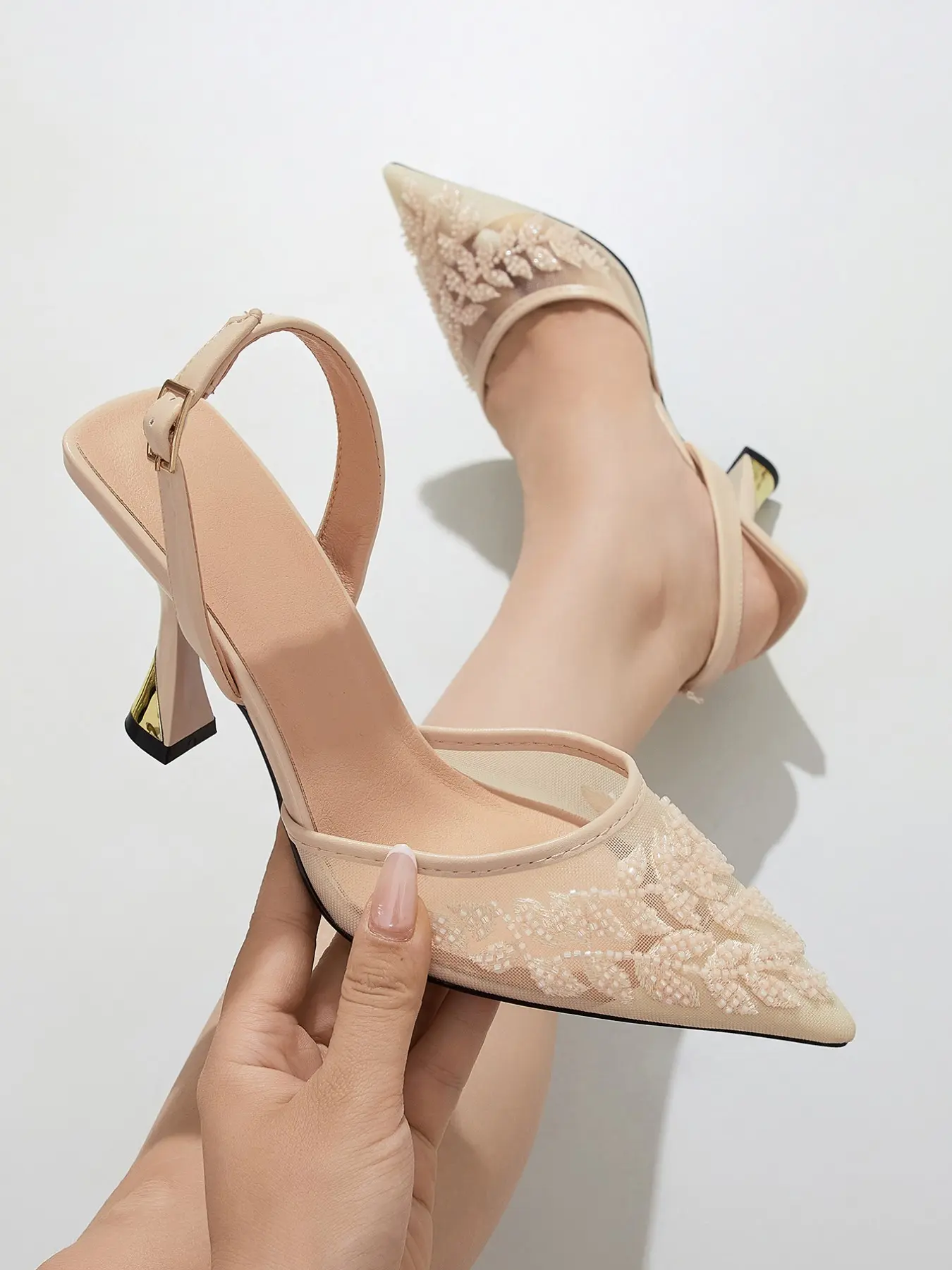 Women's Fashion Elegant Lace Mesh Hollow Out Fine High Heel Single Shoe, Exquisite Heels, Pointed Toe Slip-On Summer Breathable Design for Dresses