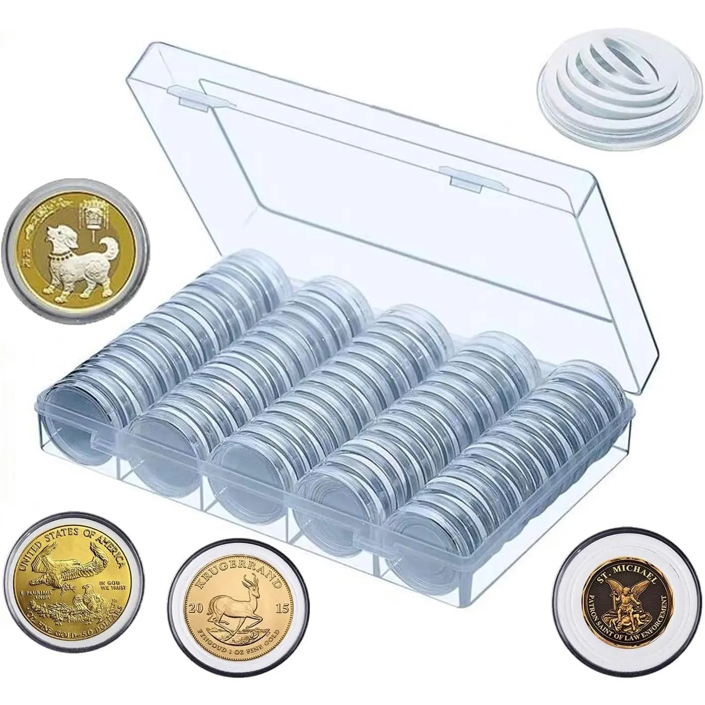 100-Pack Plastic Coin Storage Capsules - Boxed Organiser with Adjustable 5-Size Synthetic Gaskets, Round Holders & Storage Box for Quarters, Nickels, Pennies (Max 30mm Small Coins)