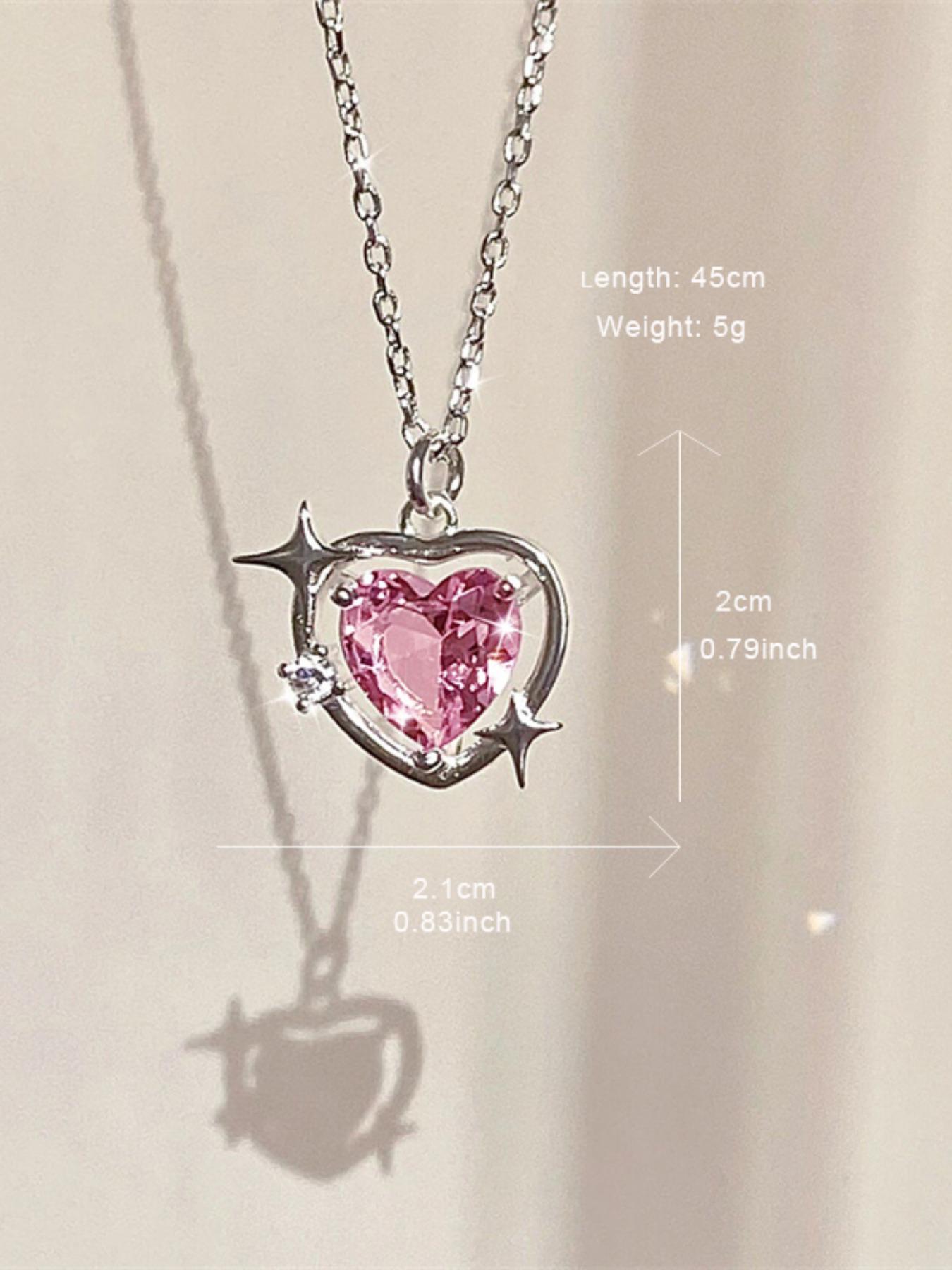 Women's Elegant Pink Rhinestone Decor Star Detail Pendant Necklace, Fashionable All-match Heart Shape Design Necklace for Party, Daily Clothing Decor for Girl, Dainty Necklace, Love Heart Necklace