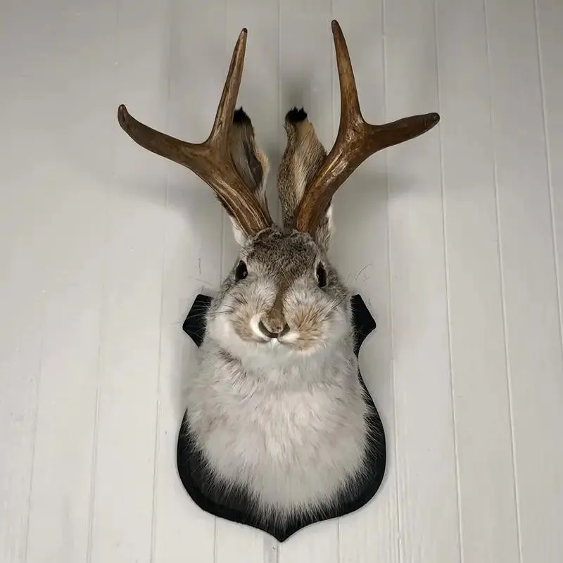 Faux Fur Deer Antler Rabbit Head Wall Sculpture, Home Wall Hanging, Vintage Country Style Bar Decor, Retro Farmhouse Art Piece, Aesthetic Wall Decor, Unique Home Decoration, Decoration Items