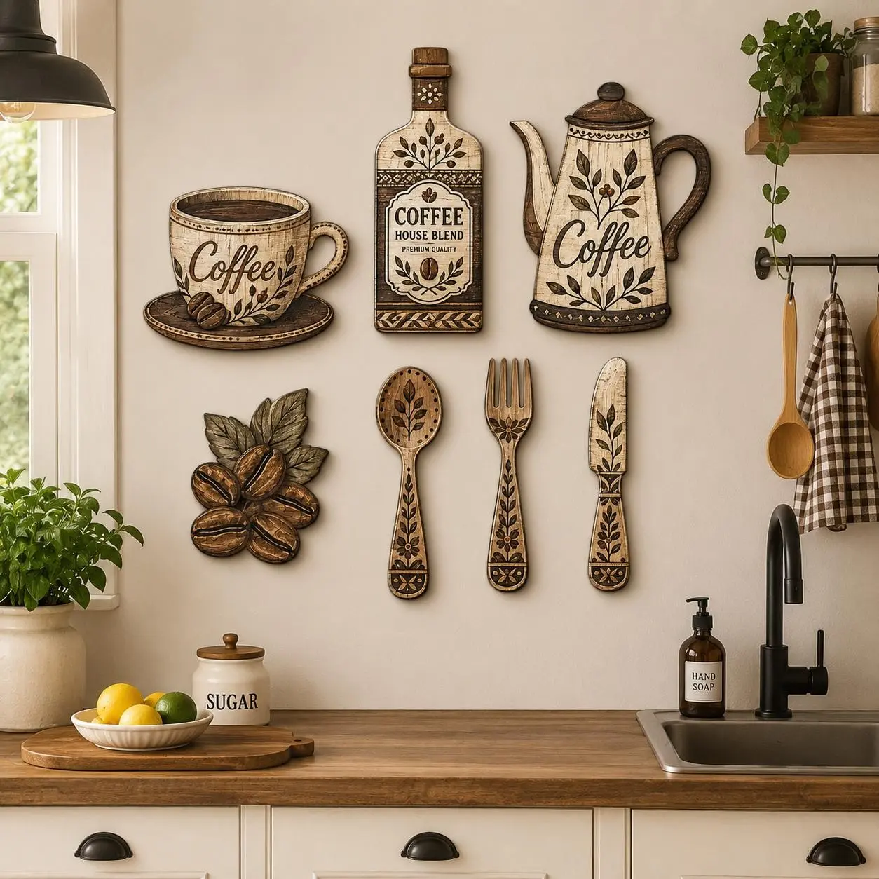 7 Piece Wooden Coffee Kitchen Wall Decor, Farmhouse Wall Art, Vintage Rustic Coffee Cup, Pot, Bottle, Beans, Spoon, Fork, Knife, Farmhouse Theme, Kitchen, Restaurant, Cafe, Vintage Design