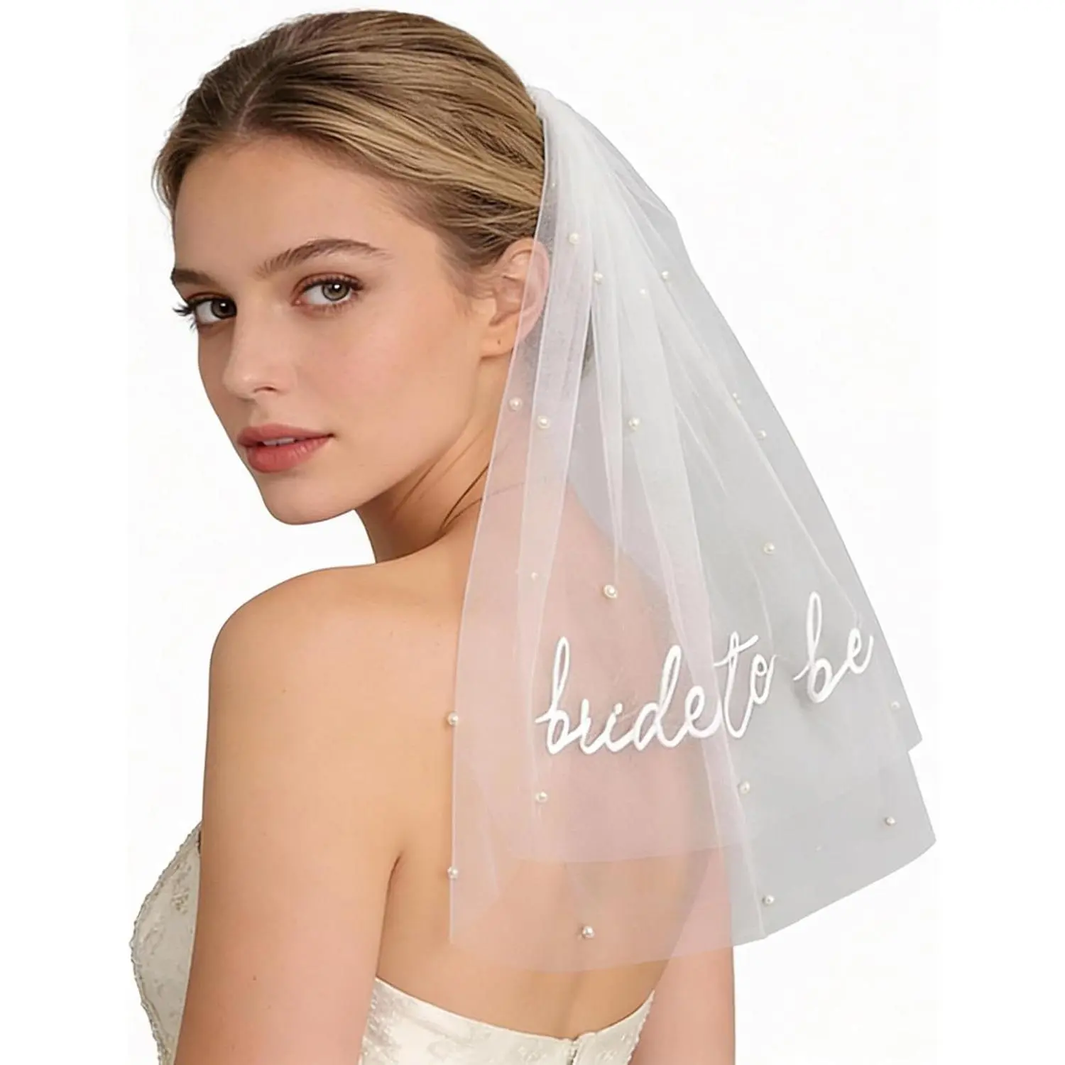 Bride to Be Short Veil with  Embroidered Wedding Headpiece for Bride, Bachelorette Party Accessories Bridal Shower Gifts for Women Photo Prop