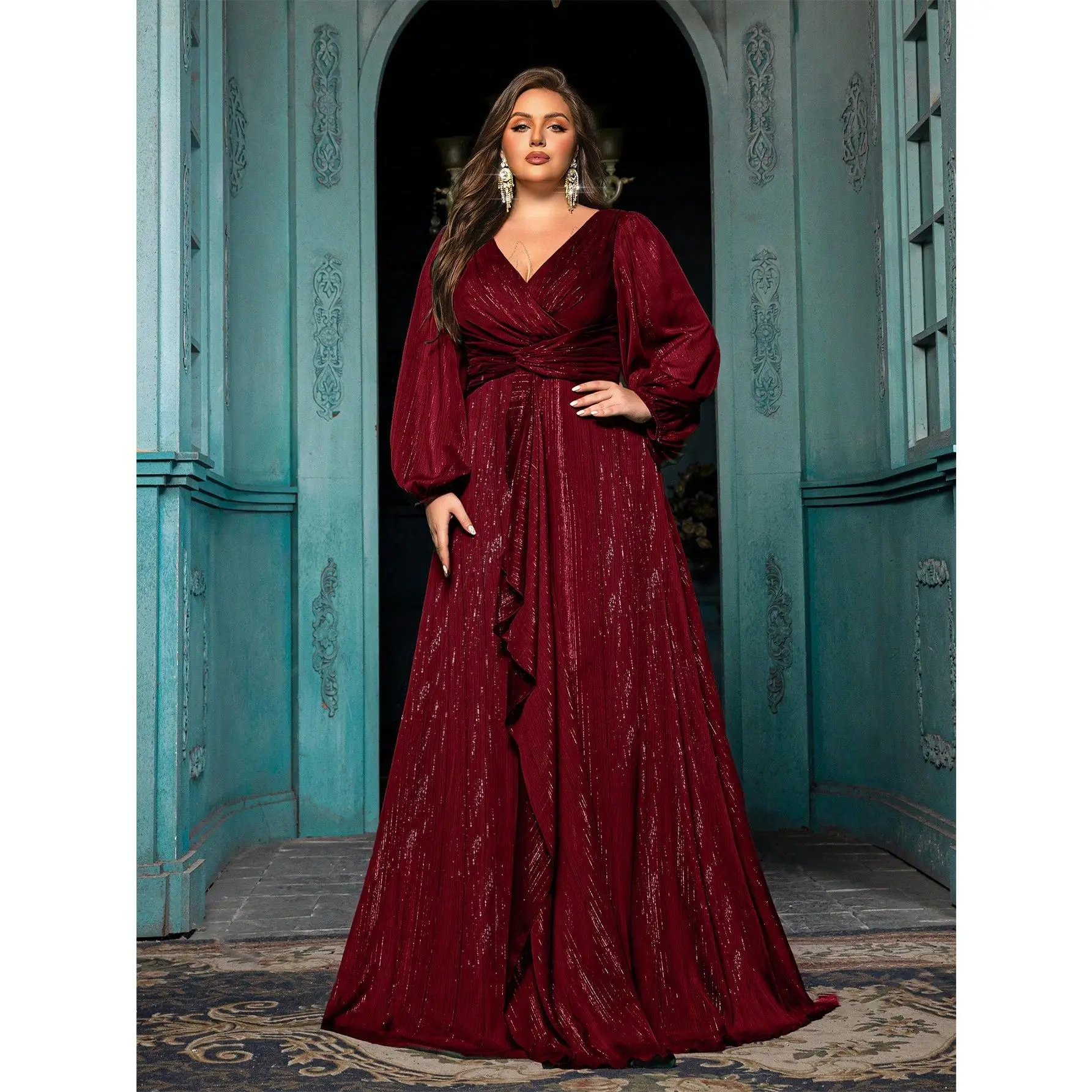 Plus‑Size Women's V‑Neck Bishop‑Sleeve Shimmer Knit Maxi Gown, Formal Evening Dress For Wedding Guests, Proms & Grand Banquets