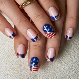 24PCS Patriotic Press On Nails, American Flag Red White Blue Short Square Fake Nails, Glossy Reusable Nail Art for 4th of July, Independence Day, Parades and Holiday Parties