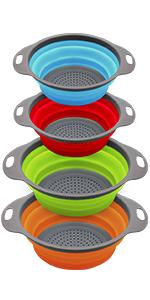 Collapsible Colander Set of 3 Round Silicone Kitchen Strainer Set - 2 count 4 Quart and 1 count 2 Quart- Perfect for Draining Pasta, Vegetable and fruit (green,blue, purple)