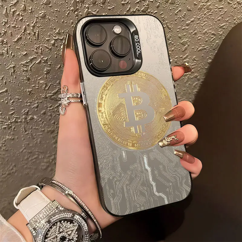 Golden Bitcoin Circuit Phone Case， Modern Tech Financial Style for iPhone 17 16 15 14 13 12 11 Plus Pro Max， Ideal Business Gift.