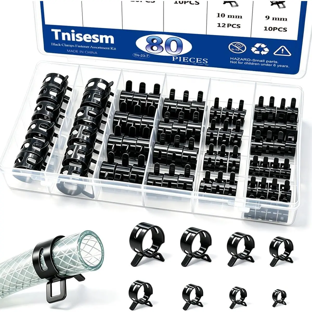 Tnisesm 80Pcs Spring Band Hose Clamps Assortment kits Silicone Vacuum Hose Pipe Clamp 7mm 9mm 10mm 11mm 14mm 15mm 16mm 18mm Low Pressure Air Clip Clamp(Black)