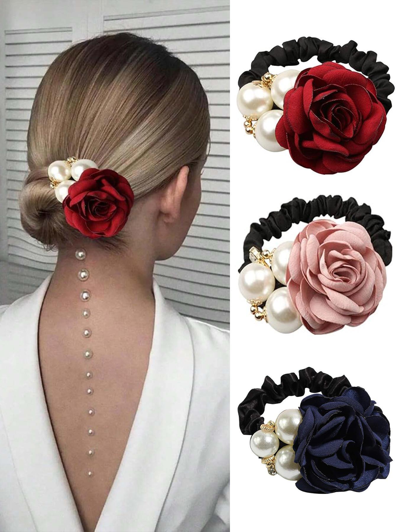 Mother's Day Gift Faux Pearl Decorated Flower Design Hair Tie, Gifts for Her, Elegant Fashionable Wedding Floral Hair Accessories for Women & Girls, Minimalist Rose Bow Headwear Suitable for Thick Hair, Bowknot, Hair Bows