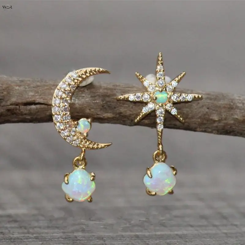 Asymmetrical Star Moon Dangle Drop Earrings for Women, Gold‑Tone Paved Rhinestone Opal Inlaid Celestial Earrings, Mismatched Octagram Crescent Moon Dangling Opal Charm Earrings for Daily Wedding Party Holiday Jewelry Gift