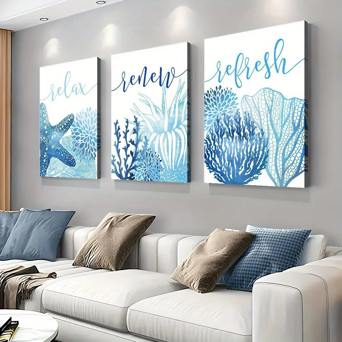 Decorative 2D 3-Piece Wood Framed Canvas Artwork Set - Starfish, Coral, Seaweed Hanging Wall Decor for Living Room, Bathroom Home Supplies Posters & Prints