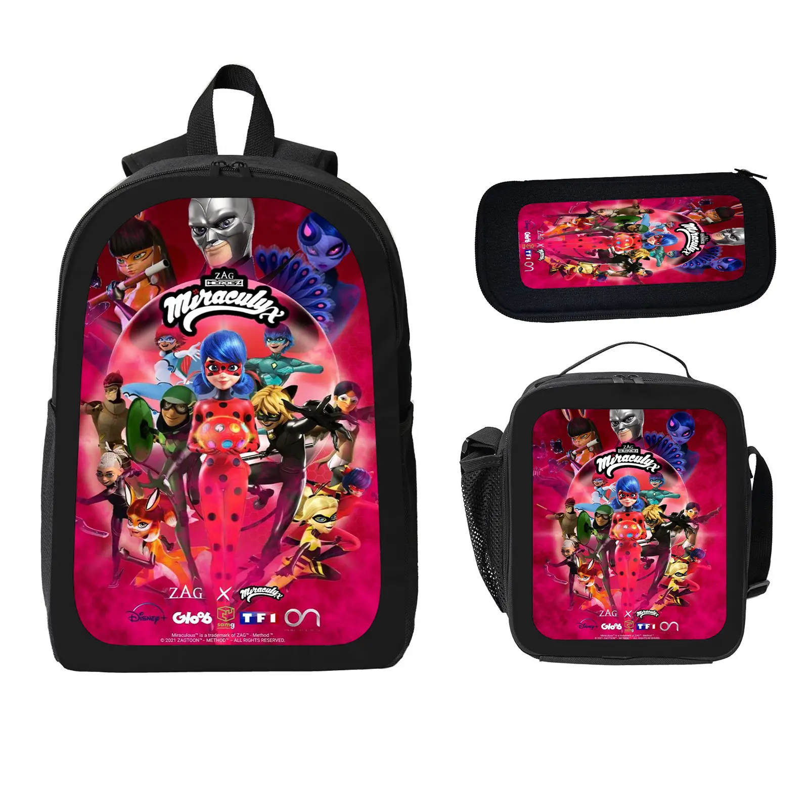 Miraculous Ladybug 3 Pcs School Backpack Set for Boys Girls Kids, Large Capacity Bookbag with Insulated Lunch Bag Pencil Case, Water Resistant Travel Daypack for Elementary Middle School f-50