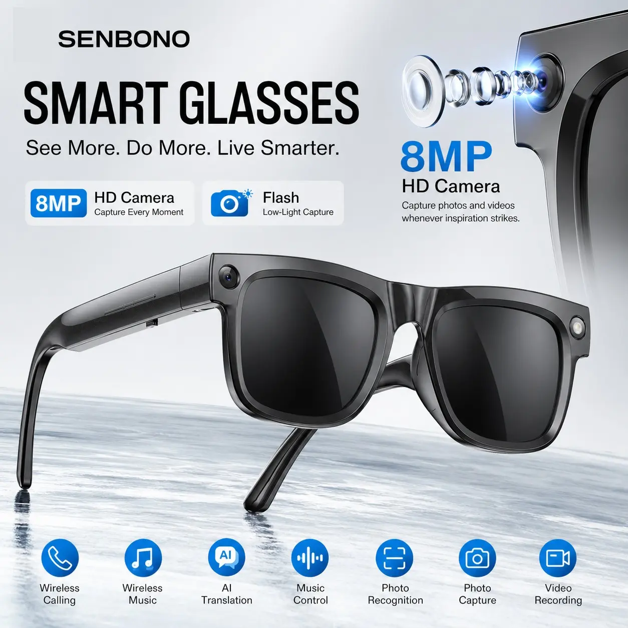 Senbono Smart Glasses Magnetic Charging, Chargeable 290mah Battery, Photo Video Recording, Vlog Offline Capture, Ideal for Travel and Outdoor Use