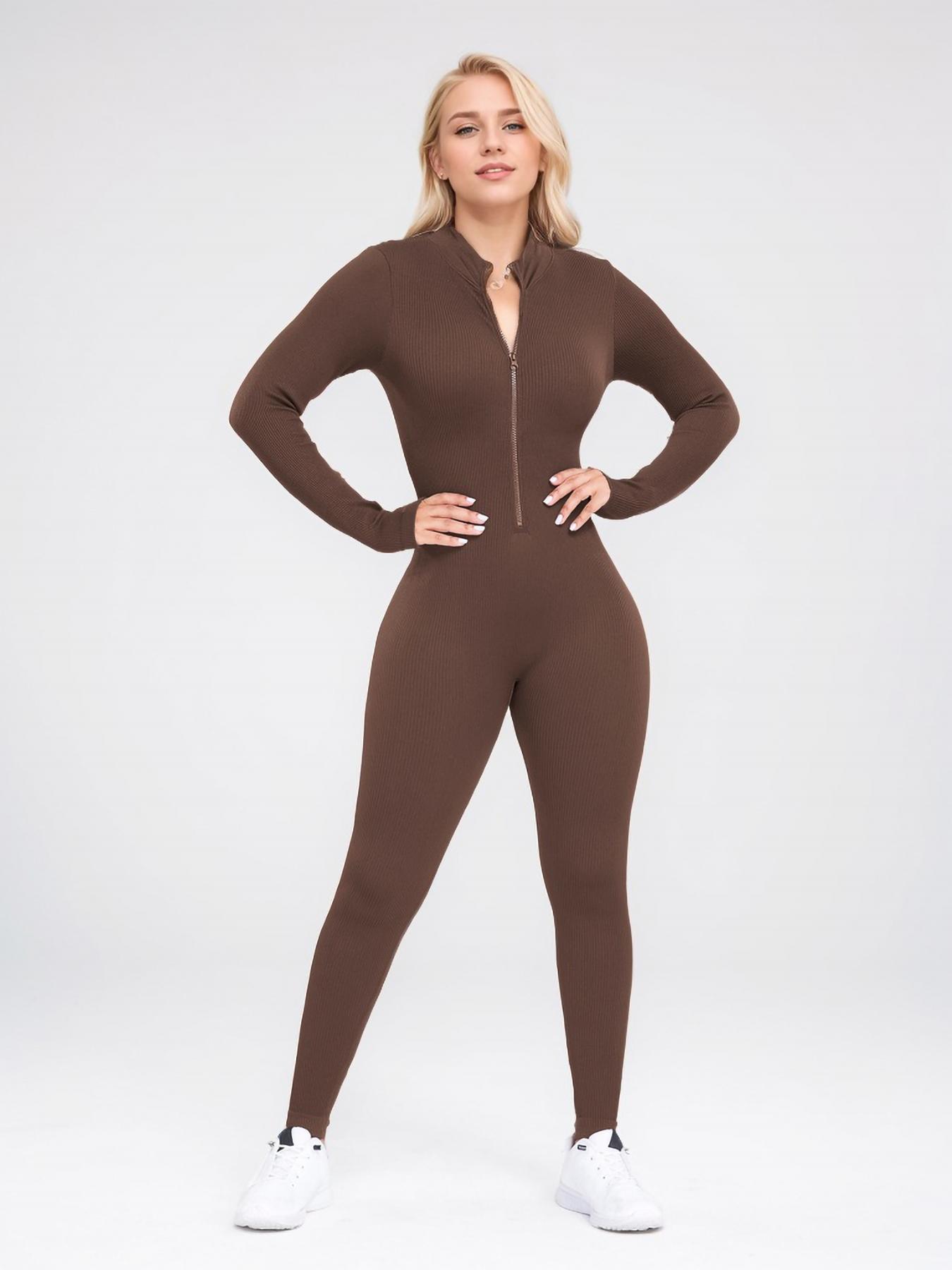 Women's Solid Zip Up Thumb Hole Sports Jumpsuit, Casual Comfy Long Sleeve Jumpsuit for Yoga Gym Workout, Ladies Sportswear for All Seasons