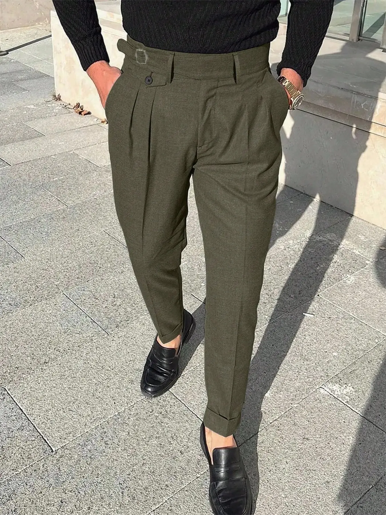 Vintage Waist Buckle Design, High-End Fitted Plain Suit Pants, Men's Fashion Casual High-Quality Trousers, Essential for Business and Leisure