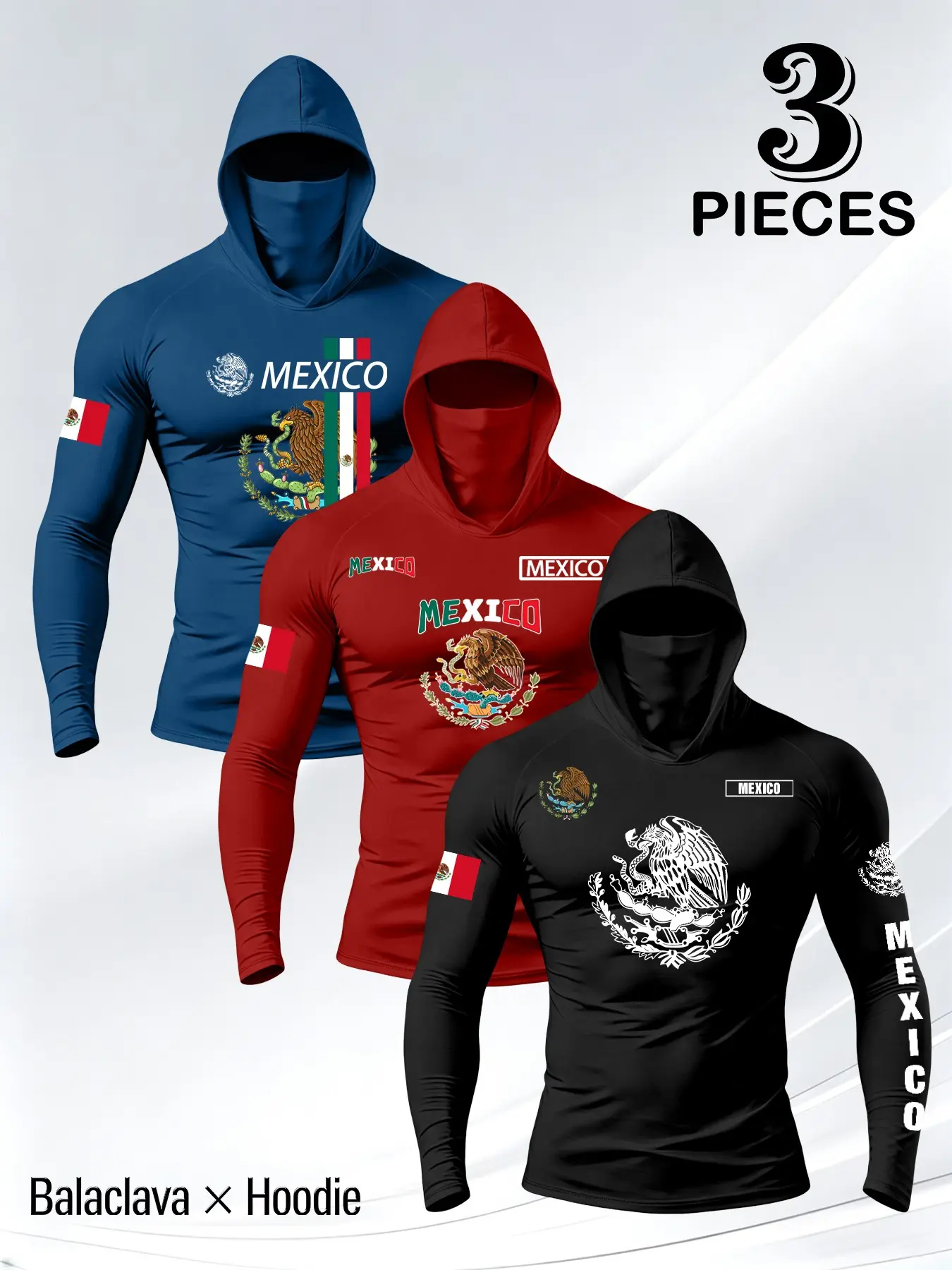 Men's New 3-Piece Set, Mexican Theme Emblem Print Hooded Long Sleeve, Elastic Fitted Slim Fit, Outdoor Cycling Fitness Shirt, Multi-Color Options, Fitted Sportswear Set