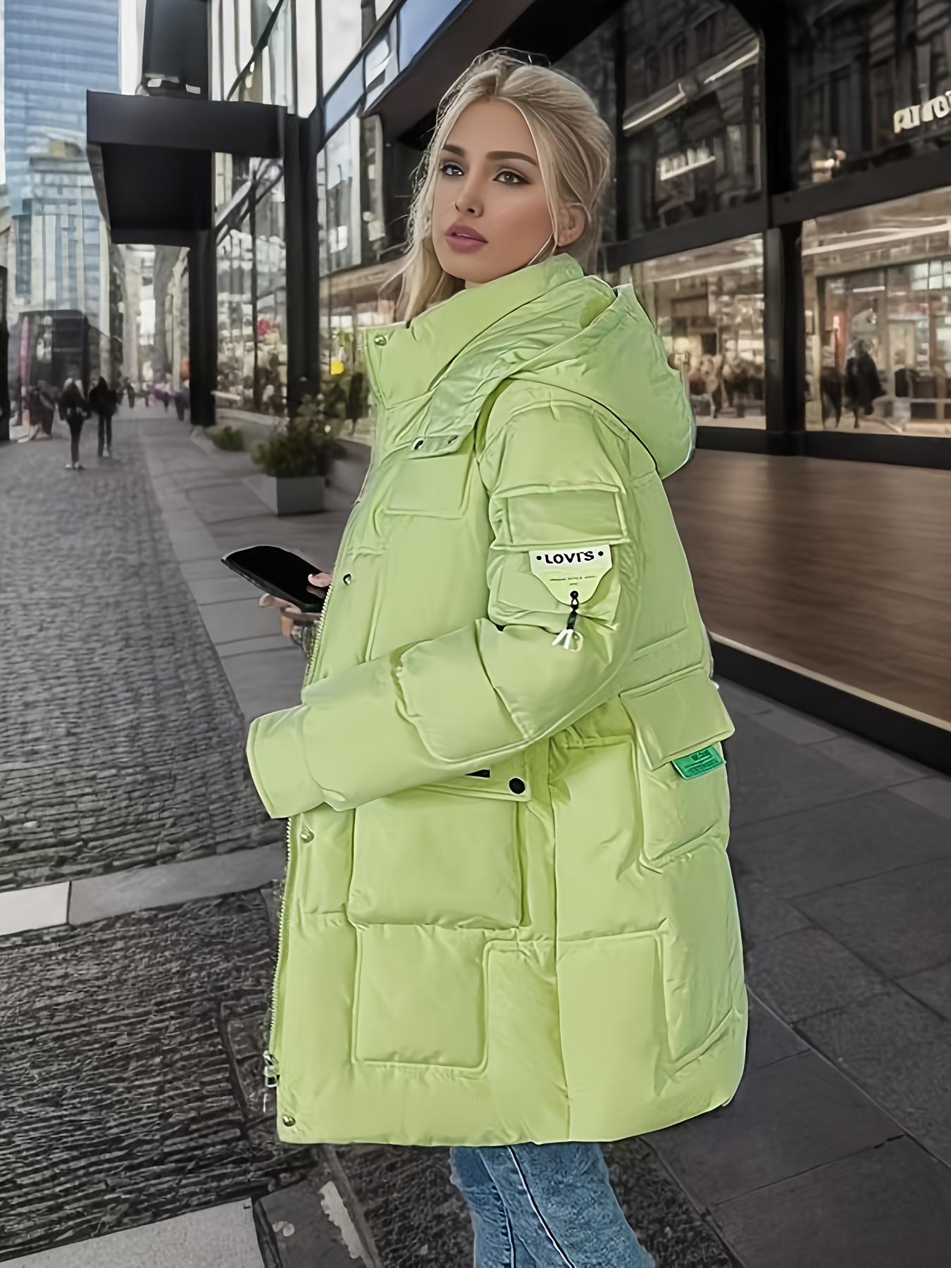Women's Neon Green Winter Jacket - Thick Windproof Coat with Hoodie-like Collar, Mid-Length Warm Outerwear for Women, Casual Outerwear, Warm Coats For Women, Warm Coats For Women Long, Very Warm Winter Coat For Women, Warm Coat For Women, Warm Winter Coat
