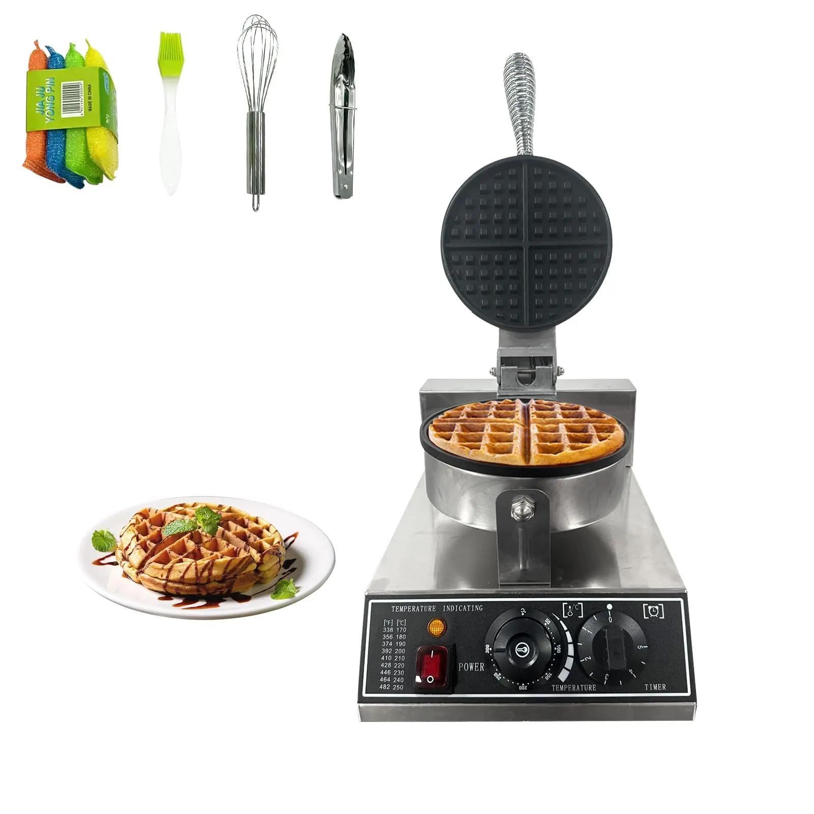 Garvee Commercial 110V 1200W Round Belgian Waffle Maker with Adjustable Temperature and Timer Control, Non-Stick Plates, and Anti-Scalding Handle for Restaurant, Bakery, and Home Kitchen Use