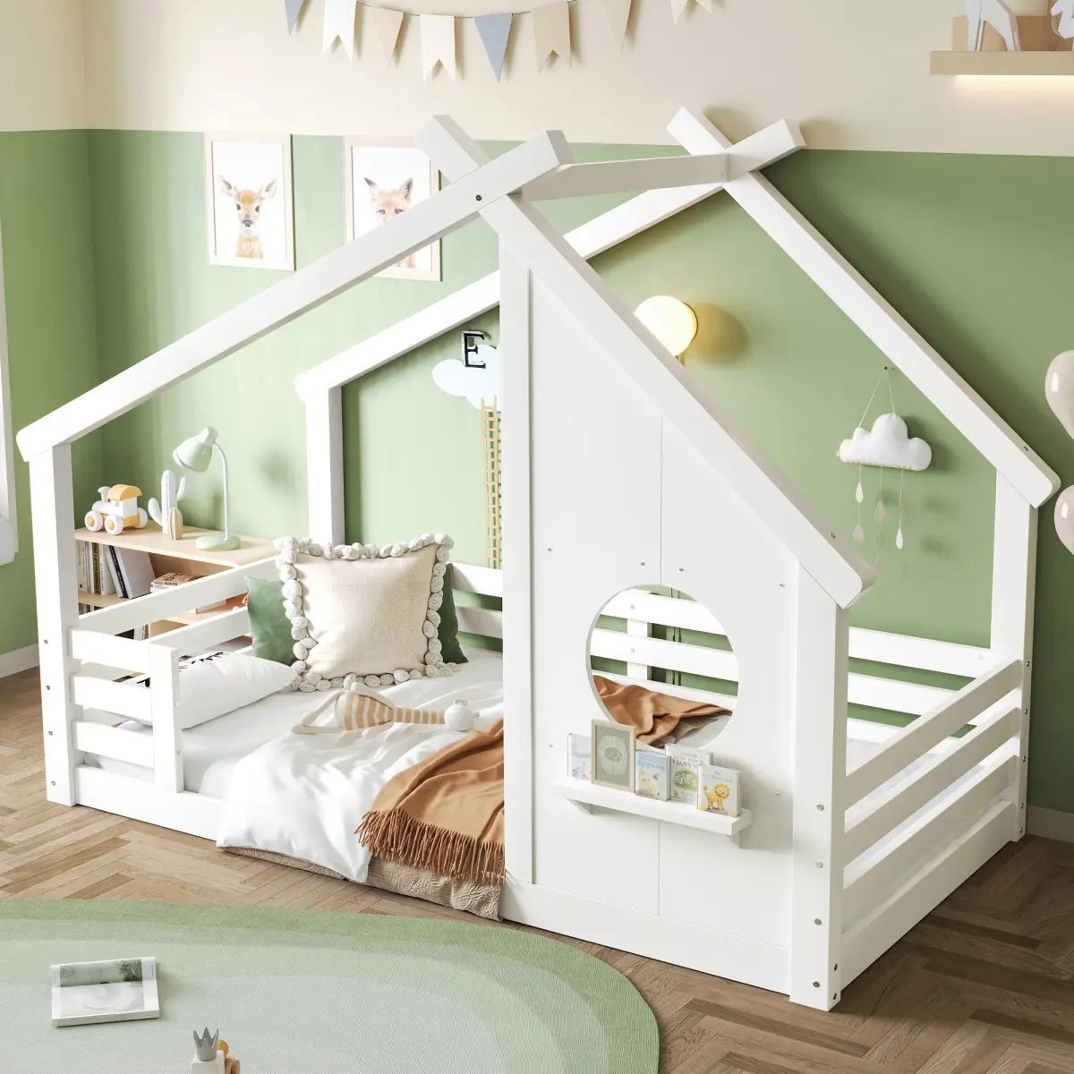 Twin House Floor Bed with Window and a Storage Shelf, Bedframe Daybed Platform Bed,Solid Wood Floor Bed with House-shaped Roof, No Spring Box Needed