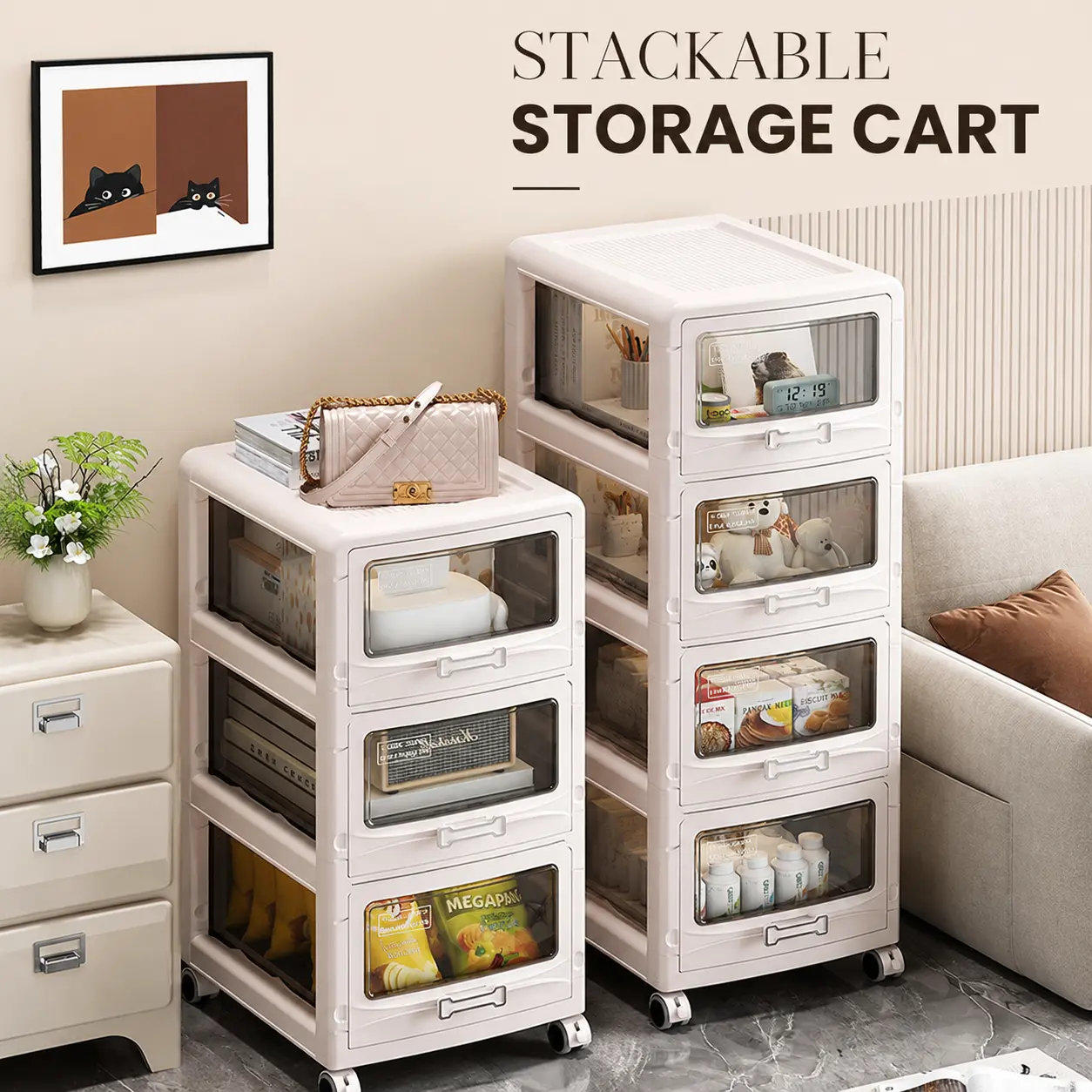 Polypropylene Rectangular Slim Gap Rolling Storage Cabinet - 3-5 Tier Foldable Multi-Purpose Drawer Organizer, Stackable Storage Chest with Silent Lockable Wheels, Transparent Dustproof Drawers for Small Apartments, Kitchen