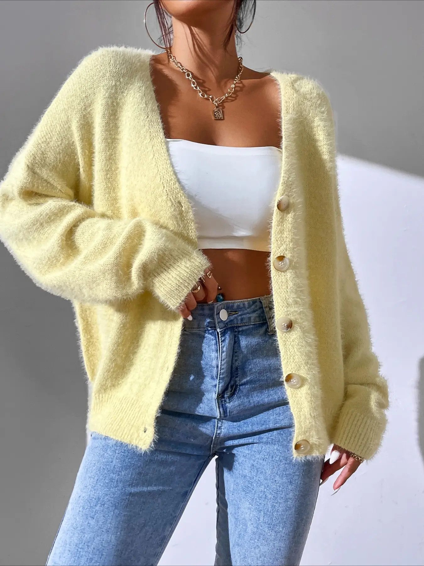 Women's Elegant V Neck Long Sleeve Knit Cardigan Button, Soft Fuzzy Material, Casual All Seasons Wear, Perfect for Y2K, Festive, Commute, Leisure