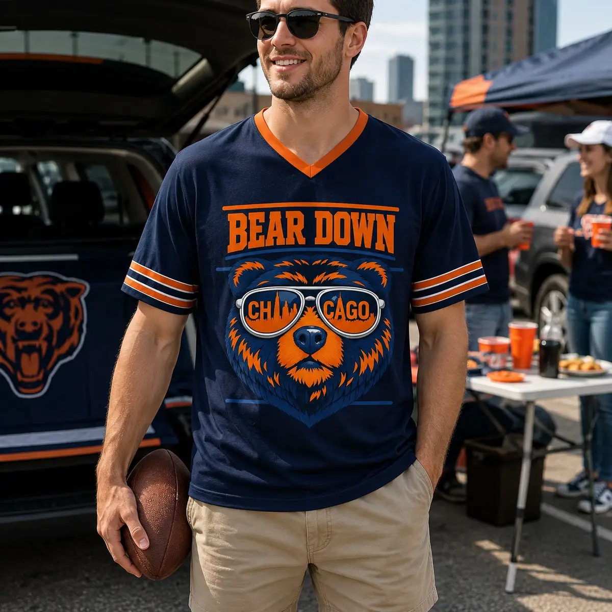 Men's Chicago Theme V-Neck Cut Graphic Football Tee, Navy-Orange Bear Print Game Day Wear, Vintage City Pride Fan Top for Tailgate & Casual Use