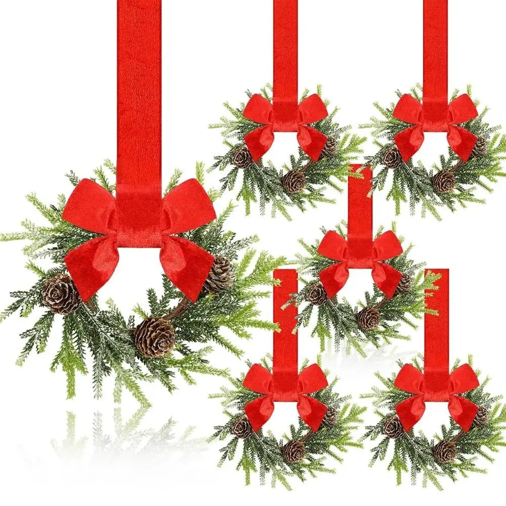 6 Mini Christmas Wreaths for Kitchen Cabinets, 9-Inch Berry and Ribbon Decor, Artificial Farmhouse Wreaths for Fireplace, Door, Chair, Window, Porch, Wall, Front Door Wreaths