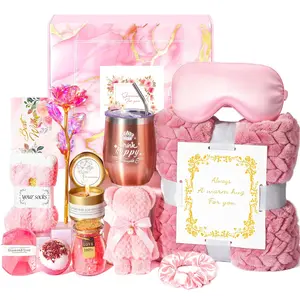 Birthday Gifts Basket for Women Mom Her Sister Grandma, Get Well Self Care Gift For Friend, Relax Spa Set-Luxury Flannel Blanket Rose Flower, Wife Gift Mothers Day Christmas Valentines