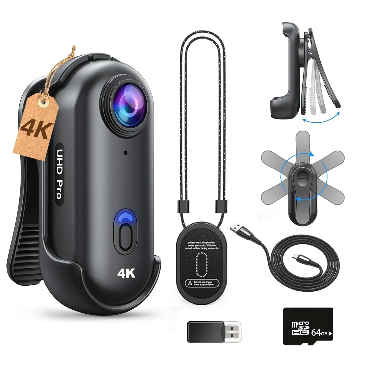 4K Action Camera Thumb Tiny Magnetic Hands-Free Wearable Helmet Cam POV Body Cam 64GB 360° Clip 120° Wide-Angle 90Min Waterproof Sport Cam for Cycling Motorcycle Vlogging Pets Mini Portable Mount Anywhere Spring Clip Gift for Boys Girls TikTok Creator