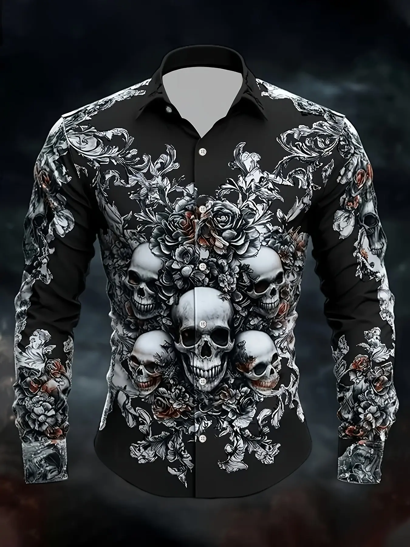 Cool Skull Rose Print Men's Shirt, Long Sleeve Button-Down Collar, Casual Slim-Fit Top, All over Print, Unlined, Made in China