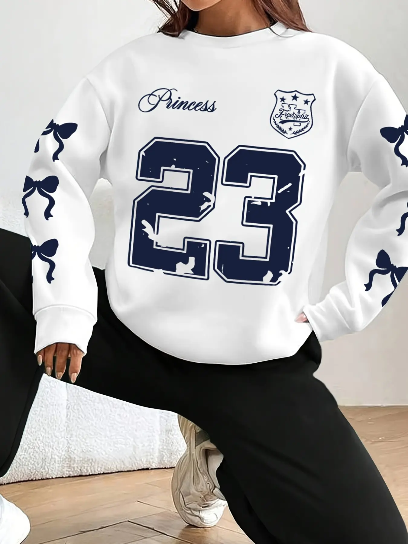 Women's Princess 23 Bow Sleeve Printed Round Neck Sweatshirt, Vintage College Style Casual Loose-Fit Long Sleeve Top, All Seasons Wear