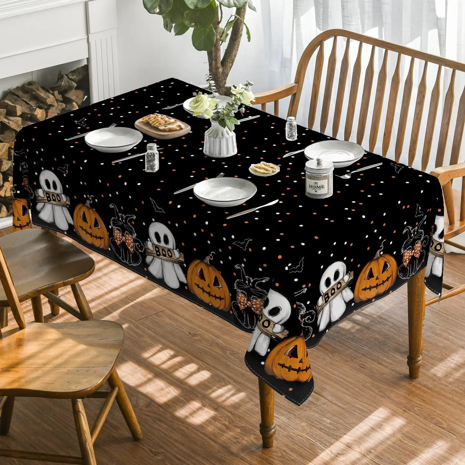 Halloween Tablecloth, Rectangular Pumpkin Lantern Cat, Ghost Dotted Tablecloth, Perfect for Parties, Picnics, Dinner Decor, Essential Halloween Item