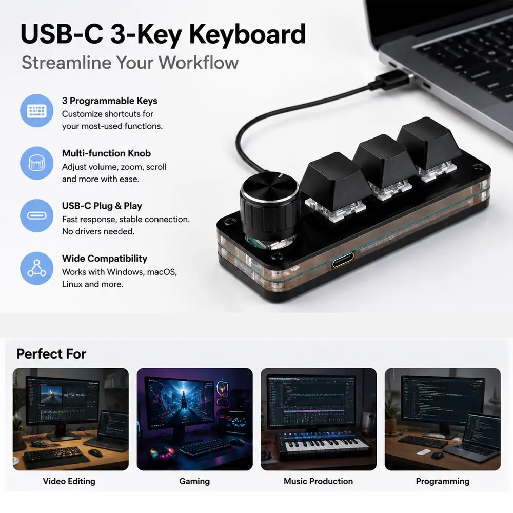 3 Key Mini Keypad USB Plug-in 2 in 1 Mechanical Gaming Macro Keyboard with RGB Led for PC Gaming OSU Office Work Copy Paste RGB Lighting Keyboard, Illuminated Mechanical Keyboard